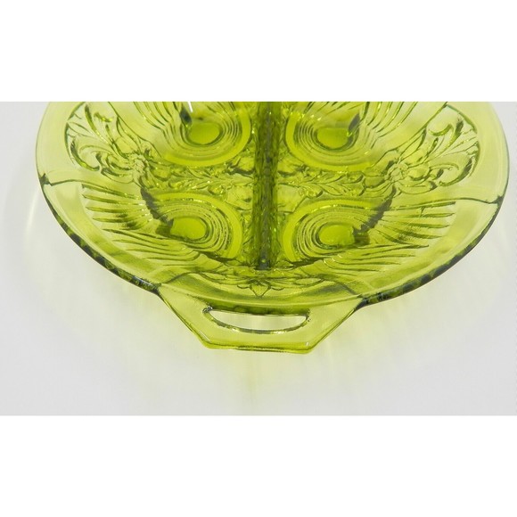 Indiana Glass Killarney Green Avocado Handled Divided Relish Candy Nut Dish - Picture 8 of 10